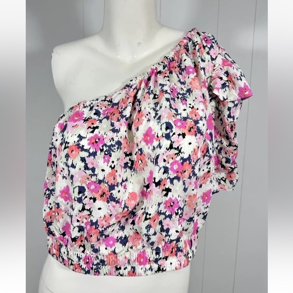 NWT  Universal Thread Sz L Womens One-Shoulder Floral Puff Sleeve Crop Top Pink - Picture 2 of 10